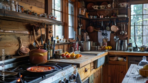 A rustic cabin kitchen where a home cook expertly prepares a comforting salmon chowder, filling the air with savory aromas.