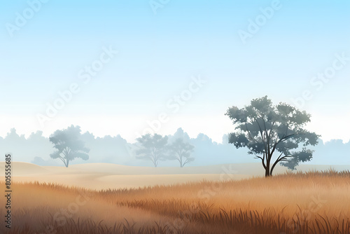 foggy morning  mist covered prairie with oak trees. field landscape. vector background