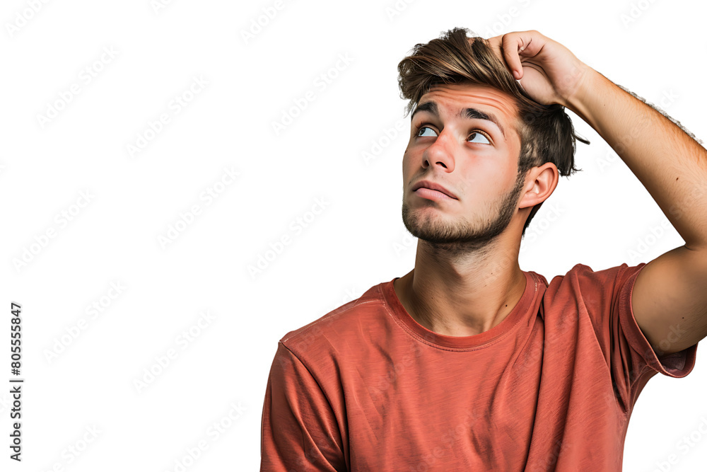 Young doubtful man thinking, scratching head and trying to find solution on isolated transparent background Young doubtful man thinking, scratching head and trying to find solution on isolated transparent background
