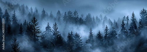 Misty landscape with fir forest in hipster vintage retro style. AI generated illustration photo