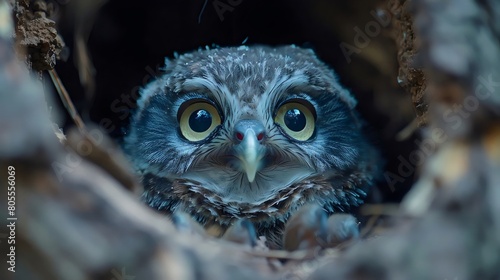 An Owl Peeking from Its Hole in a Tree - Wise Woodland Predator, Cunning Eyes, and Perfect Camouflage