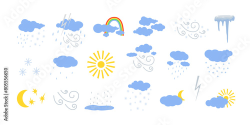 Weather elements set sun, wind, rain, fog, clouds cute hand drawn doodle minimalist vector illustration, simple symbol to describe weather, environment, climate cartoon object, weather forecast image