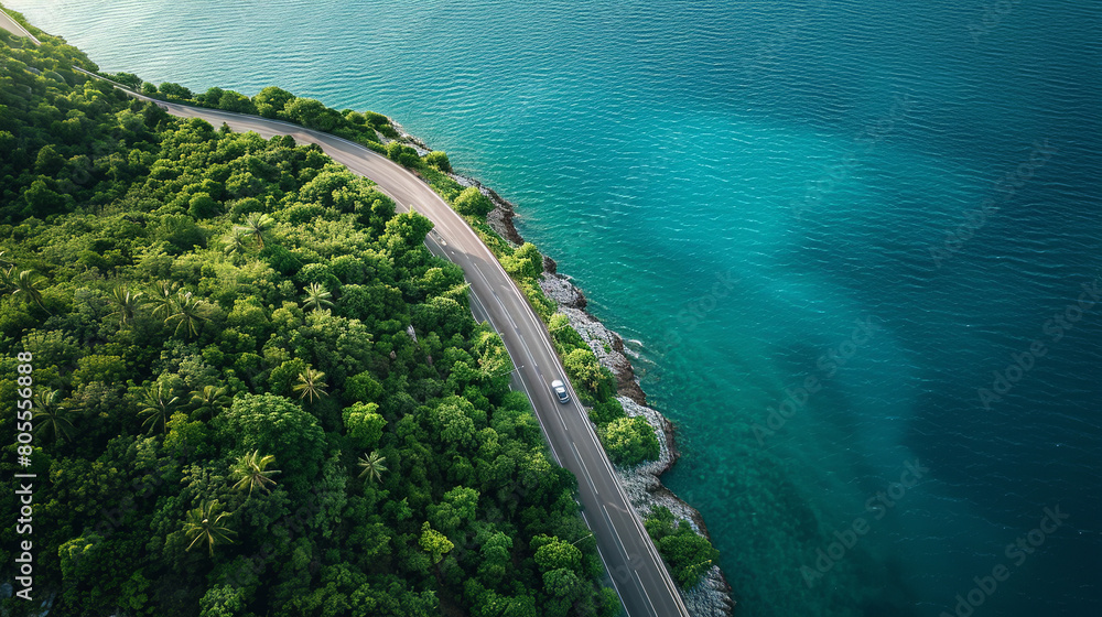 An aerial view of a coastal road trip, a sleek modern car driving along a winding road, between the turquoise sea on one side and dense palm forest on the other