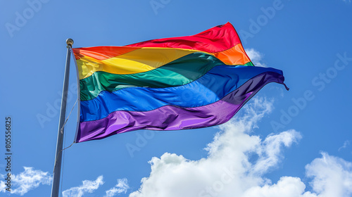 A vibrant LGBTQ pride flag waving gracefully in the wind  featuring the six colors