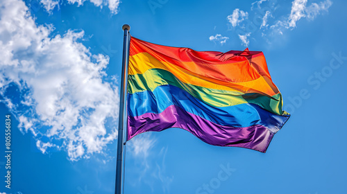 A vibrant LGBTQ pride flag waving gracefully in the wind, featuring the six colors