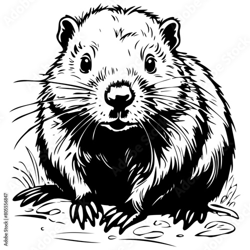 Beaver portrait black hand drawn animal illustration, transparent background