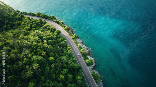 Obraz na płótnie An aerial view of a coastal road trip, a sleek modern car driving along a winding road, between the turquoise sea on one side and dense palm forest on the other w salonie