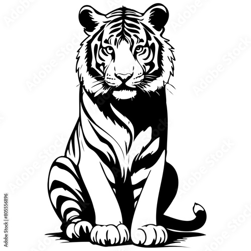 Bengal Tiger sitting vintage hand drawn animal illustration, transparent background