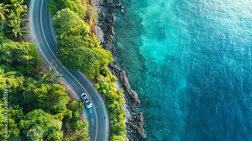 An aerial view of a coastal road trip, a sleek modern car driving along a winding road, between the turquoise sea on one side and dense palm forest on the other photo