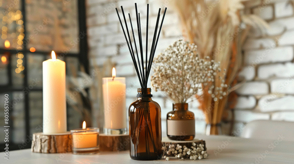 Bottles of reed diffuser and candles on table near light brick wall in room Bottles of reed diffuser and candles on table near light brick wall in room