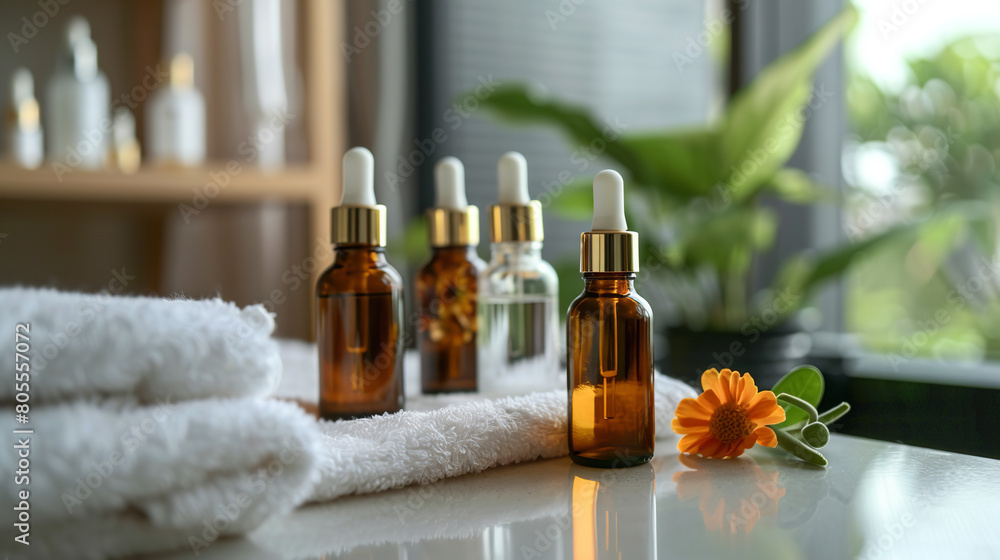 Bottles on the background of the spa room. Skin care serum or natural cosmetics with essential oil Bottles on the background of the spa room. Skin care serum or natural cosmetics with essential oil