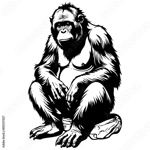 Bornean Orangutan sitting ink hand drawn animal illustration, transparent background