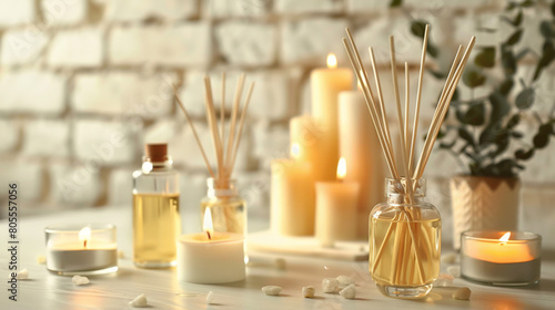 Bottles of reed diffuser and candles on table near light brick wall in room