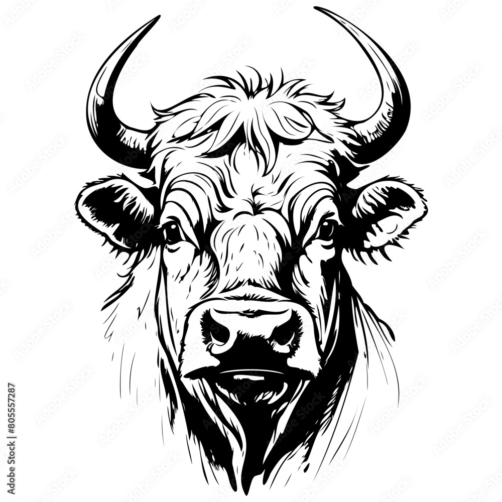 Realistic Beefalo portrait hand drawn animal illustration, transparent background