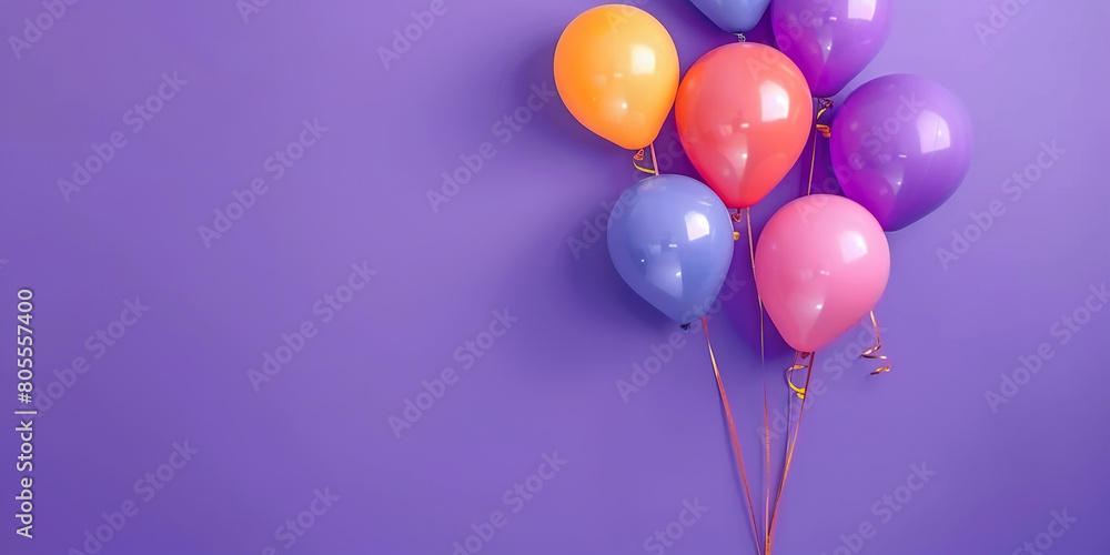 colorful balloons on vivid purple background with copy space