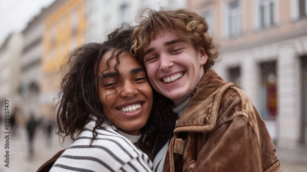 Joyful Embrace of a Young Multiracial Couple in Urban Setting