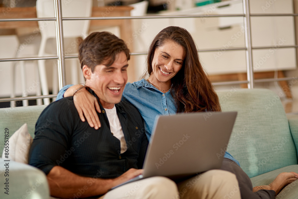 Home, planning and couple chat with laptop with ideas for property, development or real estate. Mortgage, loan and people talk about marriage finance, budget or research rent application online Home, planning and couple chat with laptop with ideas for property, development or real estate. Mortgage, loan and people talk about marriage finance, budget or research rent application online
