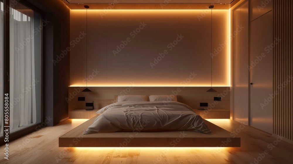 A sleek and modern minimalist bedroom with a sleek platform bed, minimalist nightstands, and recessed lighting for a contemporary feel.