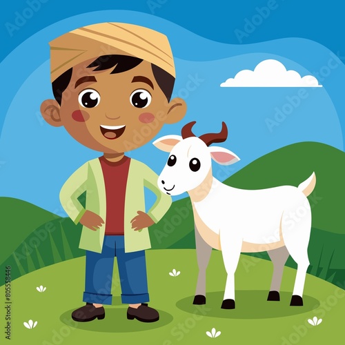 Cute Muslim Boy with Goat Cartoon
