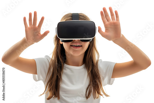 Young girl exploring vast opportunities of virtual reality with VR headset on isolated transparent background