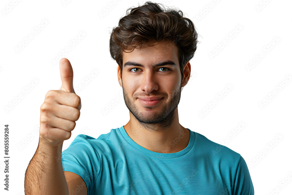 Happy young man doing thumbs up on isolated transparent background Happy young man doing thumbs up on isolated transparent background
