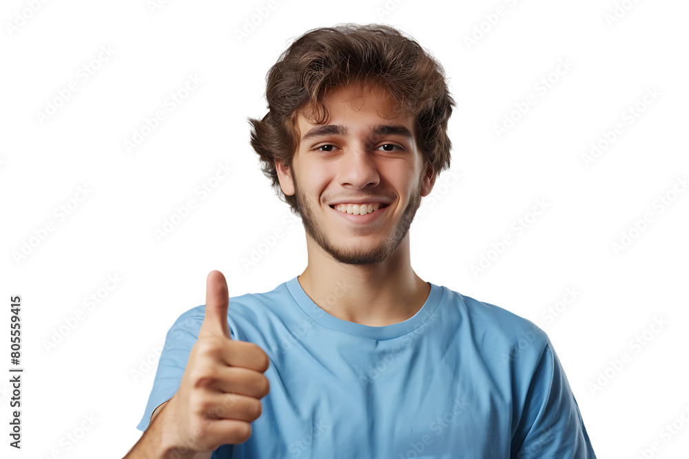 Happy young man doing thumbs up on isolated transparent background Happy young man doing thumbs up on isolated transparent background