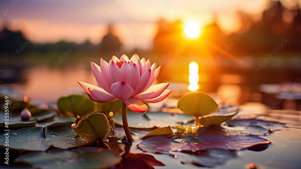 Beautiful pink lotus flower on the water with sunset background.