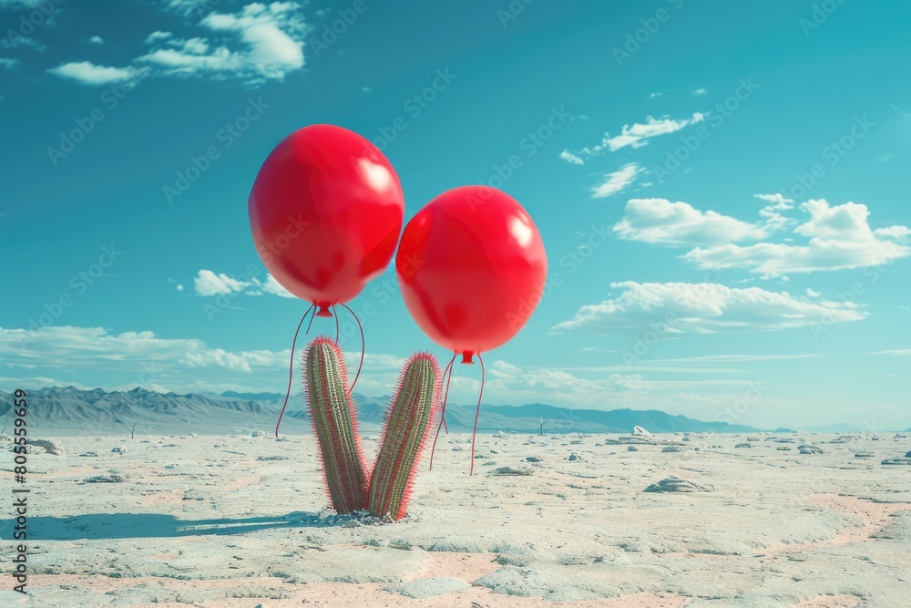 Couple of red balloons on sandy desert background. Ideal for travel and adventure concepts Couple of red balloons on sandy desert background. Ideal for travel and adventure concepts