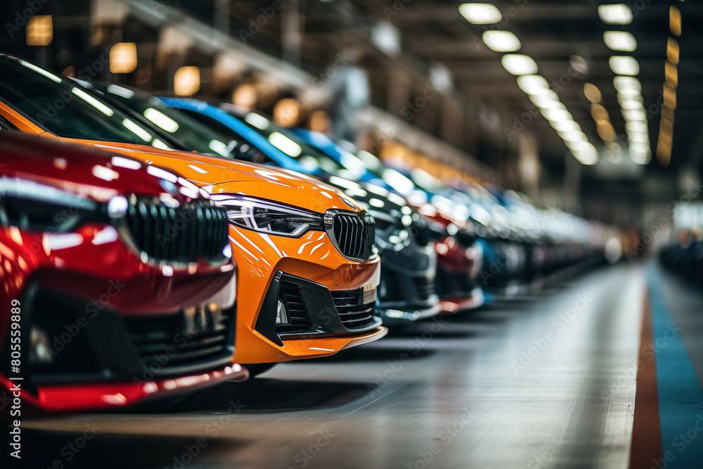 row of new cars in dealer showroom, shallow depth of field