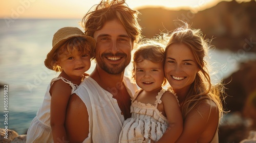 Man and Two Young Girls Smiling by Swimming Pool