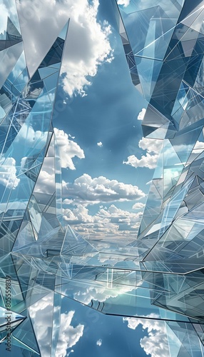 geometry lines and mirrored glass reflections creative abstract background, blue sky and futuristic contemporary fractal structure