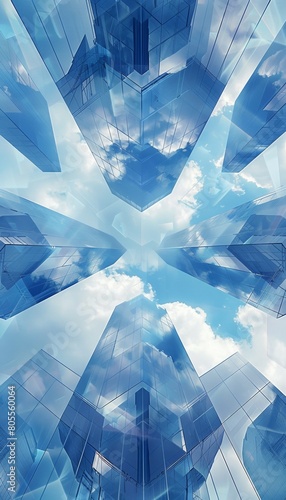 geometry lines and mirrored glass reflections creative abstract background, blue sky and futuristic contemporary fractal structure