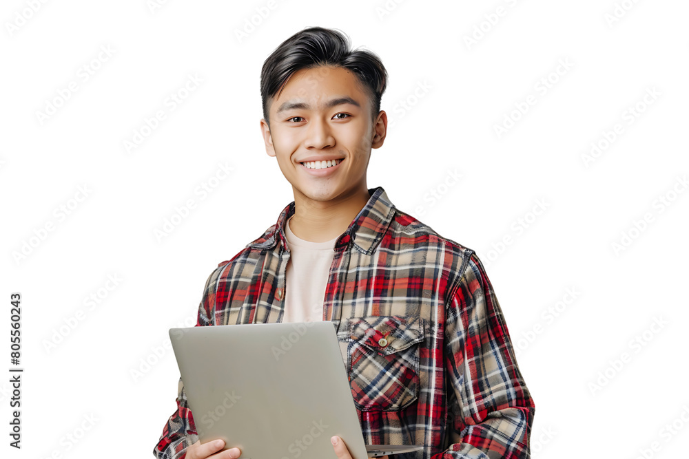 Young man standing holding laptop and looking at camera on isolated transparent background Young man standing holding laptop and looking at camera on isolated transparent background