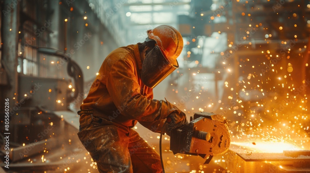 A man in a welding mask working on a piece of metal. Suitable for industrial themes A man in a welding mask working on a piece of metal. Suitable for industrial themes
