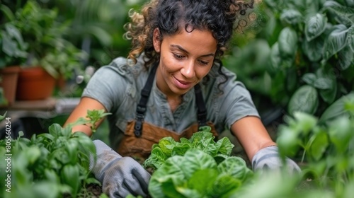 Woman Working in a Garden With Green Plants