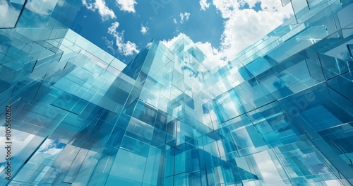 geometry lines and mirrored glass reflections creative abstract background, blue sky and futuristic contemporary fractal structure