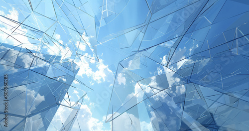 geometry lines and mirrored glass reflections creative abstract background, blue sky and futuristic contemporary fractal structure