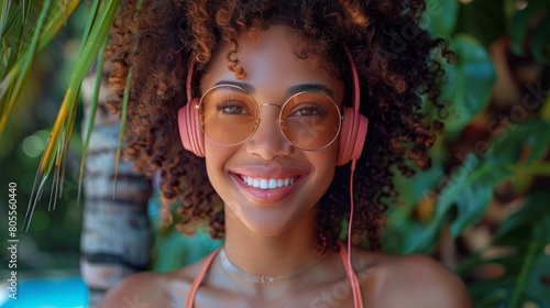 Woman With Headphones Standing in Front of Palm Trees