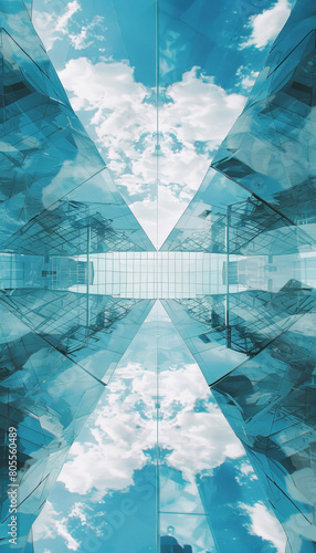 geometry lines and mirrored glass reflections creative abstract background, blue sky and futuristic contemporary fractal structure