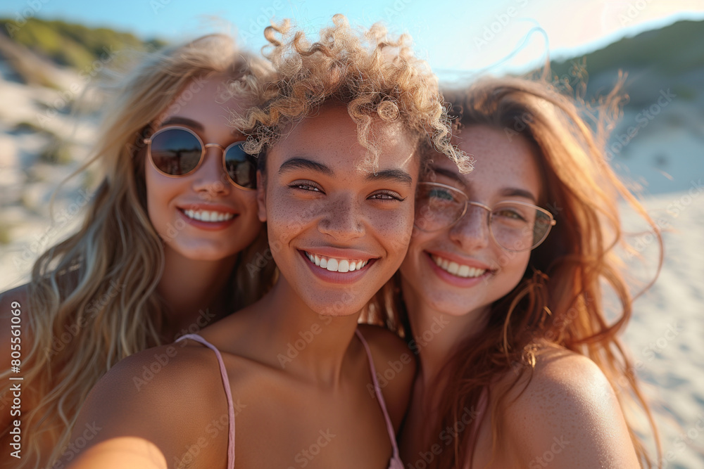 Three pretty young women on the beach take a group selfie. Three pretty young women on the beach take a group selfie.