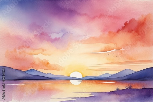 Abstract watercolor sunset background with soft pink, orange, yellow and purple colors