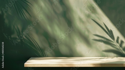 Empty Table For Product Photoshoot In Outdoor Scenery With Olive Green Background