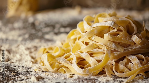 Homemade pasta making  flour-dusted surface  raw pasta strands  rustic kitchen 