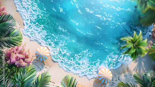 Top view summer beach vacation scene with blue background. 3d rendering.