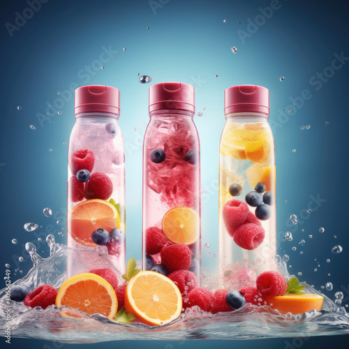 Hydration Elation: Dynamic Assembly in Soft Light, Vibrant Mixing Action, Textured Ingredients, Sporty Bottles with Ice and Fruit, Capturing Hydration's Vitality in Dynamic Angles. photo