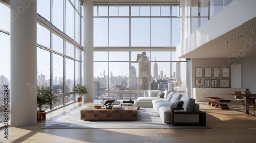 An airy living room in a minimalist home with floor-to-ceiling windows  allowing plenty of natural light to illuminate the space.