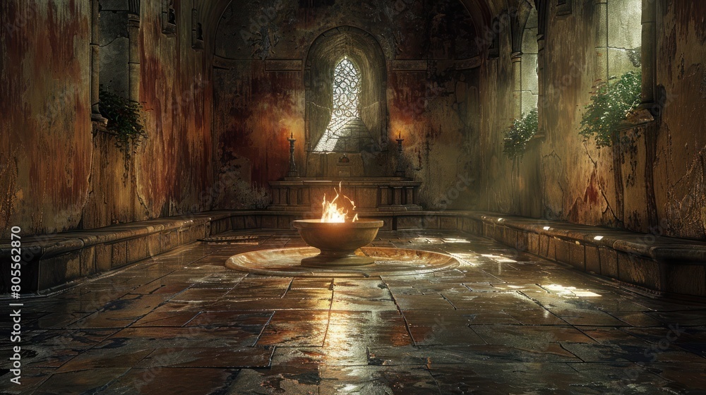 mystical ancient chamber with burning fire in stone bowl, gothic architecture and sunlight piercing through stained glass window