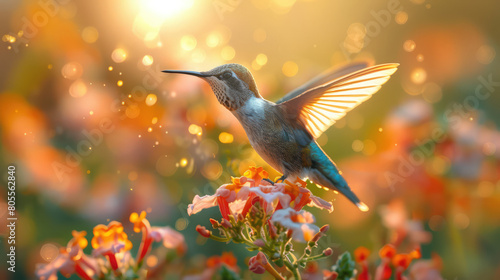 flying hummingbird surrounded by flowers in nature
