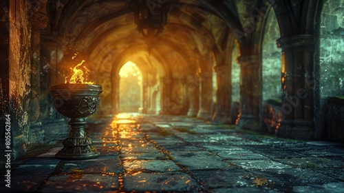 mystical ancient corridor with burning fire bowl  gothic architecture and magical atmosphere
