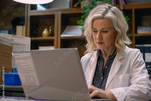 A mature woman therapist sits quietly in her office, her gaze fixed on her laptop screen as she works on patient records and study materials photo